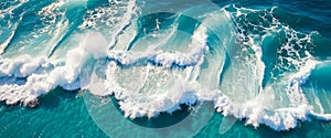Beautiful turquoise ocean waves with white foam roll onto the shore. Top view. 3D illustration