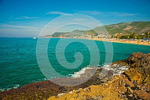 Beautiful turquoise sea on Cleopatra beach with white sand. Alanya, Antalya district, Turkey, Asia