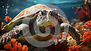 A beautiful turtle swimming in the underwater reef, a marvel generated by AI