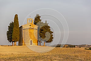 The beautiful tuscan Chapel of the Madonna di Vitaleta at sunrise