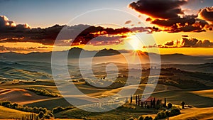 Beautiful Tuscany landscape at sunset. Italy, Europe. Beautiful sunset on the rolling hills of Tuscany, Italy, AI Generated