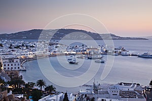 beautiful twilight over Mykonos town Mykonos island, Cyclades archipelago, Greece