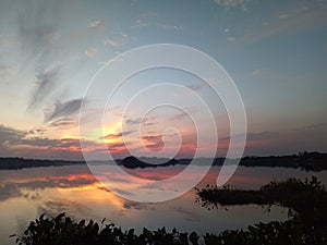 Beautiful twilight with reflexion over the lake, natural concept background