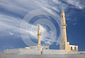 Beautiful twin minarets of Khamis Mosque, Bahrain