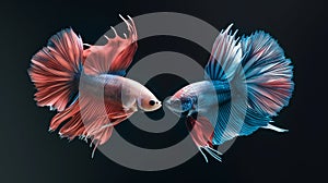 Beautiful two Betta splendens looking at each other, Siamese fighting fish or Pla-kad in Thai popular fish in aquarium.