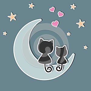 A beautiful two cute cats in love sitting on the moon at night.