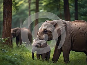 beautiful two elephants and baby elephant in the forest