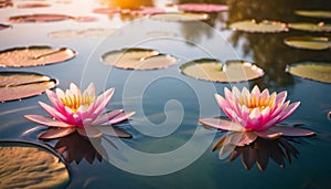 Beautiful two pink water lily flowers floating on the surface of the pool. Golden hour, warm glow tone. nature background