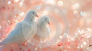 Beautiful two white pigeons birds are sitting together against pastel pink flowers background. Fantastic surreal photo
