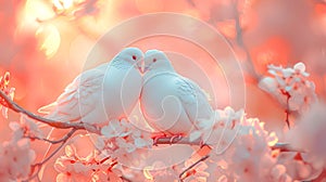 Beautiful two white pigeons birds are sitting together on the branch of a tree against pastel pink flowers background