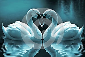 Beautiful two white swans in bluish clear water lake, in love creating heart shape, mirror reflection. Generative AI