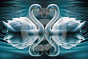 Beautiful two white swans in bluish clear water lake, in love creating heart shape, mirror reflection. Generative AI