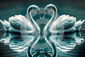 Beautiful two white swans in bluish clear water lake, in love creating heart shape, mirror reflection. Generative AI