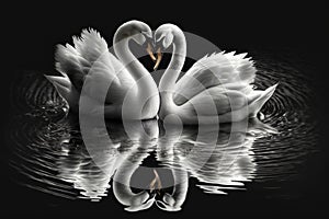 Beautiful two white swans in clear water lake at night, in love creating heart shape, mirror reflection. Generative AI