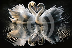 Beautiful two white swans in clear water lake at night, in love creating heart shape, mirror reflection. Generative AI