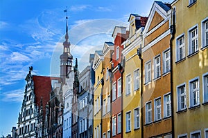 Beautiful typical colorful houses buildings in old historical town centre, Gdansk, Poland