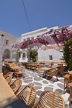 Beautiful Typical White and Blue Square With Restaurants In Chora Island Of Mikonos .Arte History Architecture