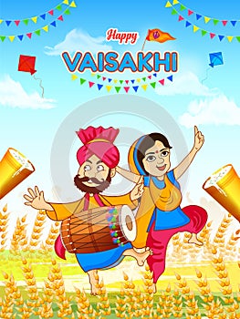 Beautiful typography celebration text of happy vaisakhi harvest festival of sikh and hindu. people enjoying with dancing