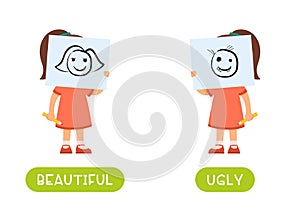 Beautiful and ugly antonyms word card vector template.