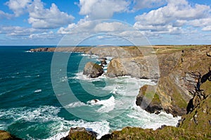 Beautiful UK coast Bedruthan Steps Cornwall England Cornish north coastline near Newquay on a beautiful sunny blue sky day