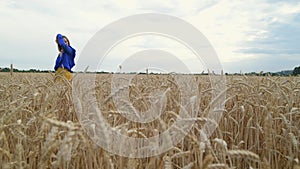 Beautiful Ukrainian woman wearing dress in Ukrainian national flag colours, blue and yellow, at wheat field in morning