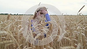Beautiful Ukrainian woman wearing dress in Ukrainian national flag colours, blue and yellow, at wheat field in morning