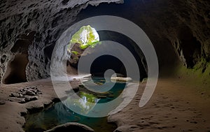 Beautiful underground cave with small stream running through it