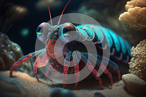 beautiful underwater close-up portrait of a bioluminescence mantis shrimp - generative AI photo