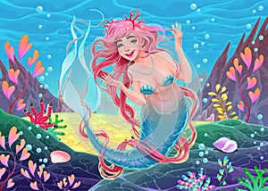 Beautiful underwater mermaid with pink hair and coral