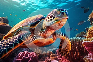 Beautiful Underwater Ocean Sea View with Big Turtle Swimming Between Colorful Coral Reef