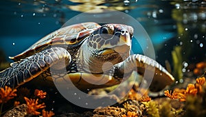 A beautiful underwater portrait of a green sea turtle swimming generated by AI