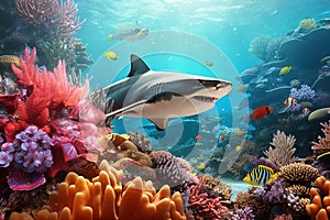 Beautiful Underwater View with Shark Whale Swims Between the Colorful Coral Reef Abundant Marine Life