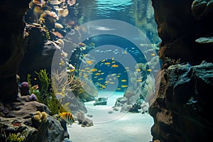 A beautiful underwater world with rocks, corals, schools of fish and rays of light through blue water