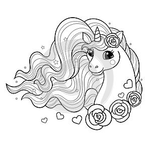 Beautiful unicorn. Black and white linear drawing. Vector