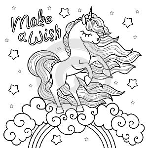 Beautiful unicorn. Black and white linear drawing. Vector