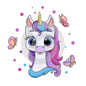 Beautiful unicorn with colorful mane and golden horn amongst butterflies.