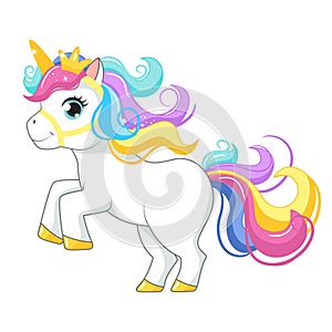 Beautiful unicorn with crown jumps.Vector isolated illustration.