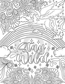Beautiful Unicorn Drawing Crossing Over The Wonderfull Rainbow Above The Message Stay Wild. Pretty Horse Line Drawing