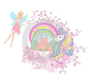 Beautiful unicorn and fairy-tale princess castle