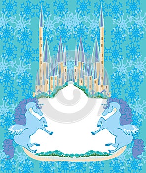 Beautiful unicorn and fairy-tale princess castle frame