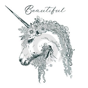 Beautiful unicorn with floral wreath