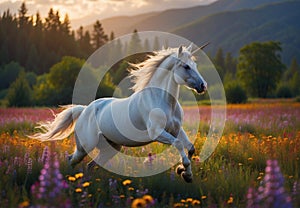 Beautiful Unicorn Galloping Through Flowery Fields