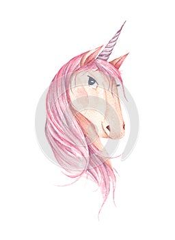 Beautiful unicorn head for children design. Watercolor illustration.