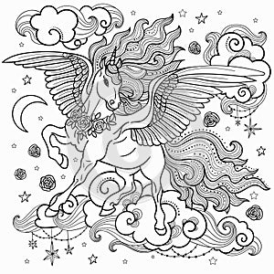 Beautiful unicorn with a long mane. Black and White. For coloring. For the design of graphic prints, illustrations.Vector