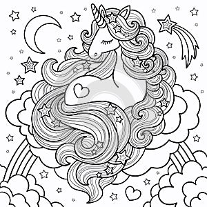 A beautiful unicorn with a long mane lying on the clouds and rainbow. Vector illustration for coloring