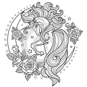 A beautiful, unicorn with a long mane and tail on the moon. Black and white image. For coloring. Vector