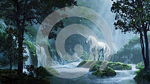 Beautiful unicorn in a magic forest - digital illustration
