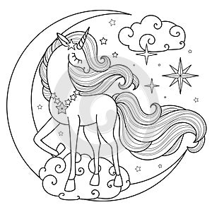 Beautiful unicorn on the moon. Black and white linear drawing. Vector