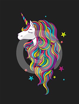 A beautiful unicorn with a multicolored mane. A fabulous animal. Vector illustration for a postcard, poster or print for clothes.