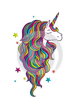 A beautiful unicorn with a multicolored mane. A fabulous animal. Vector illustration for a postcard, poster or print for clothes.